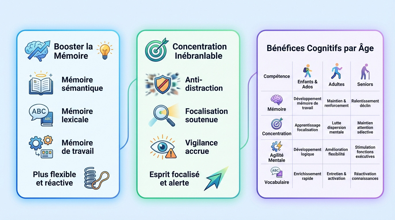 Infographie illustrant les gains concrets des mots coupés pour l'agilité mentale